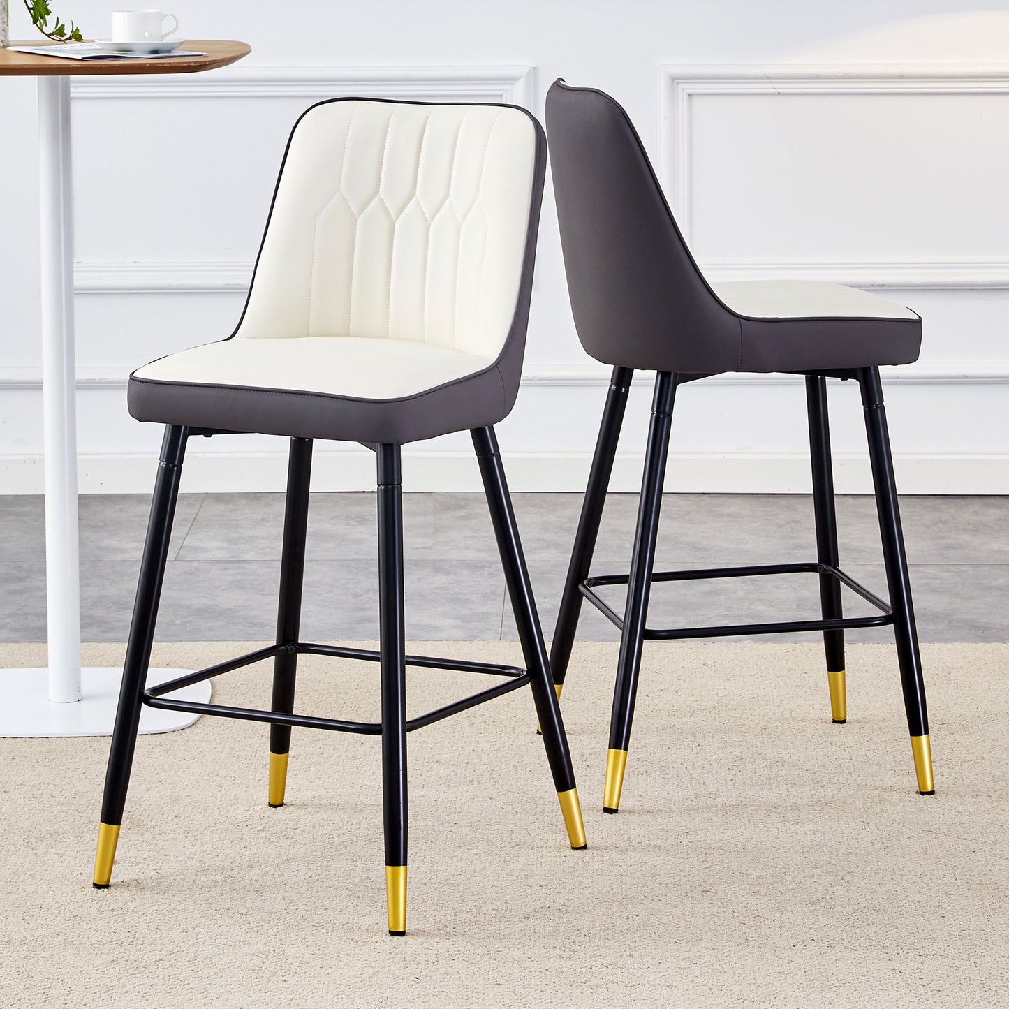 Set Of 2 Bar Stools, 100 Cm High, Made Of PU Leather In White Dark Grey Combination With Black Metal Frame And Comfortable Footrest. Available In Several Colours  The Ideal Choice For Your Home Bar.