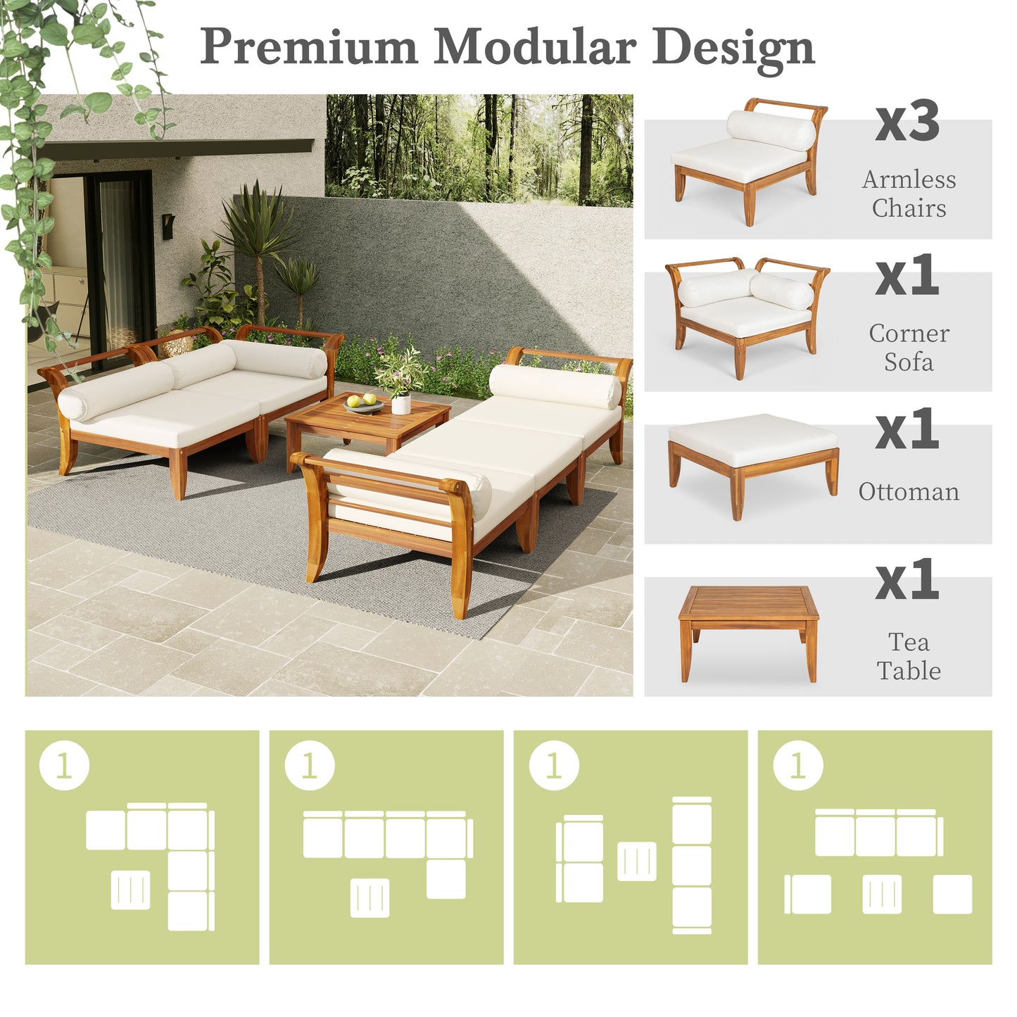 TOPMAX 6 Piece Patio Sofa Set, Acacia Wood Outdoor Modular Sectional Garden Furniture Set L-Shaped Conversation Set, Convertible Daybed With Tea Table, Ottoman, 5 Cushions And Pillows, Teak Beige