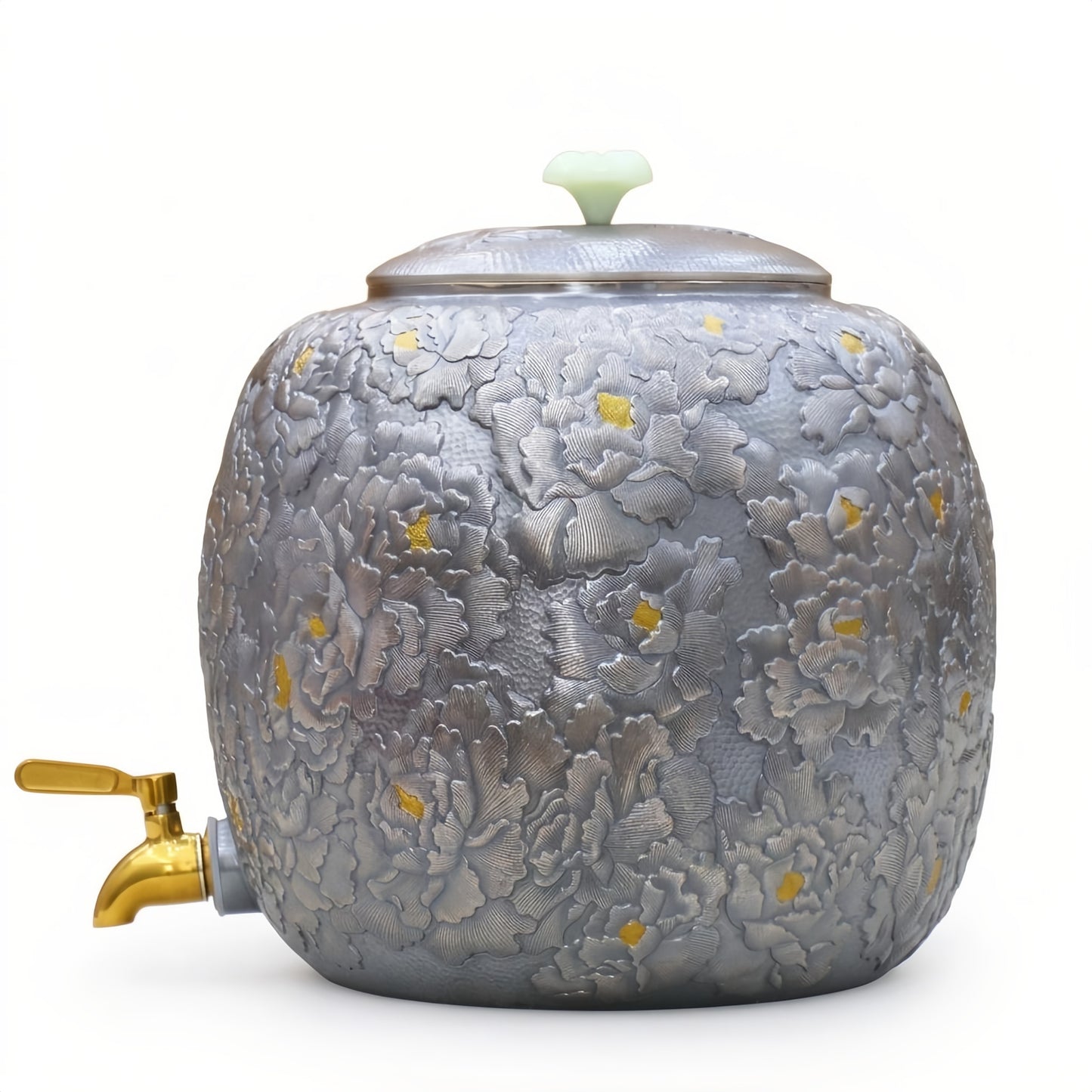 Pure 999 Fine Silver Luxurious  Floral Tea Caddy with Gold Accents-Premium Water Tank - Handicraft