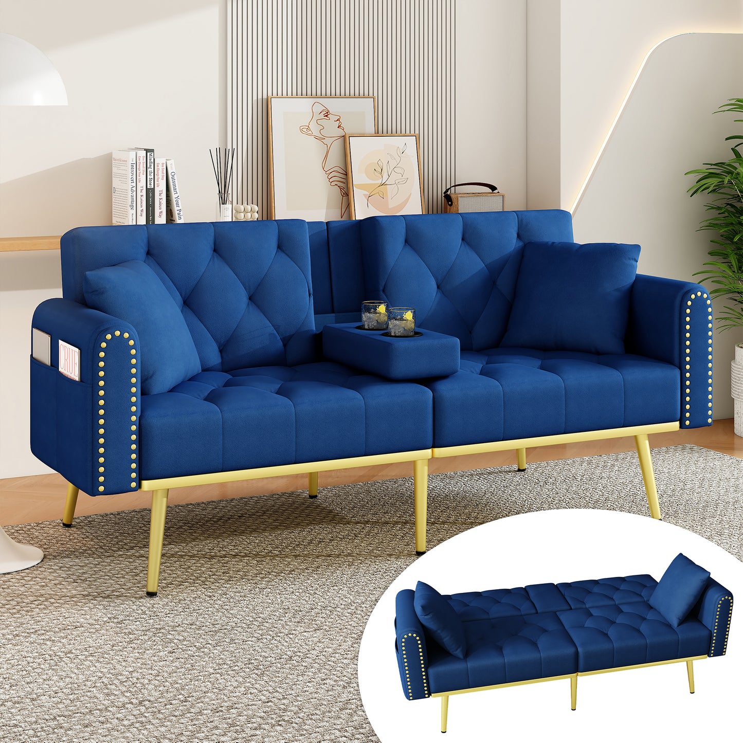 Double Fold Out Sofa Bed With Reclining Function, Three Adjustable Tilt Angles And Cup Holder. Suitable For Living Room, Bedroom, Home Theater Or Guest Room. Fabric Cover,Blue