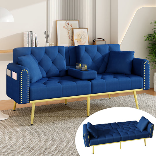 Double Fold Out Sofa Bed With Reclining Function, Three Adjustable Tilt Angles And Cup Holder. Suitable For Living Room, Bedroom, Home Theater Or Guest Room. Fabric Cover,Blue