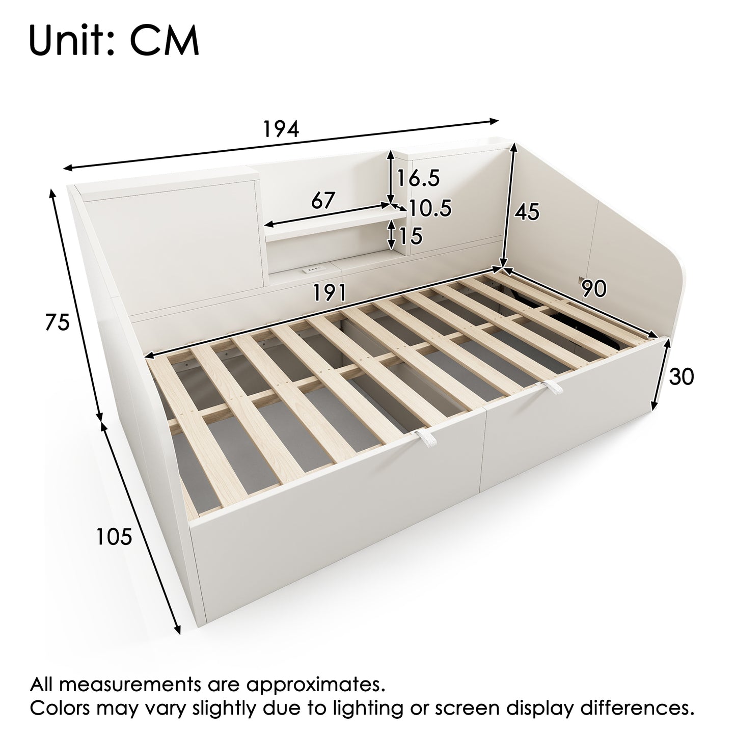 Hydraulic Daybed 90x190 Cm In White, Wooden Bed With 2 Shelves, Large Storage Space & USB-Type-C Charging Station, Slatted Frame Incl., Space-saving Single Bed Without Mattress