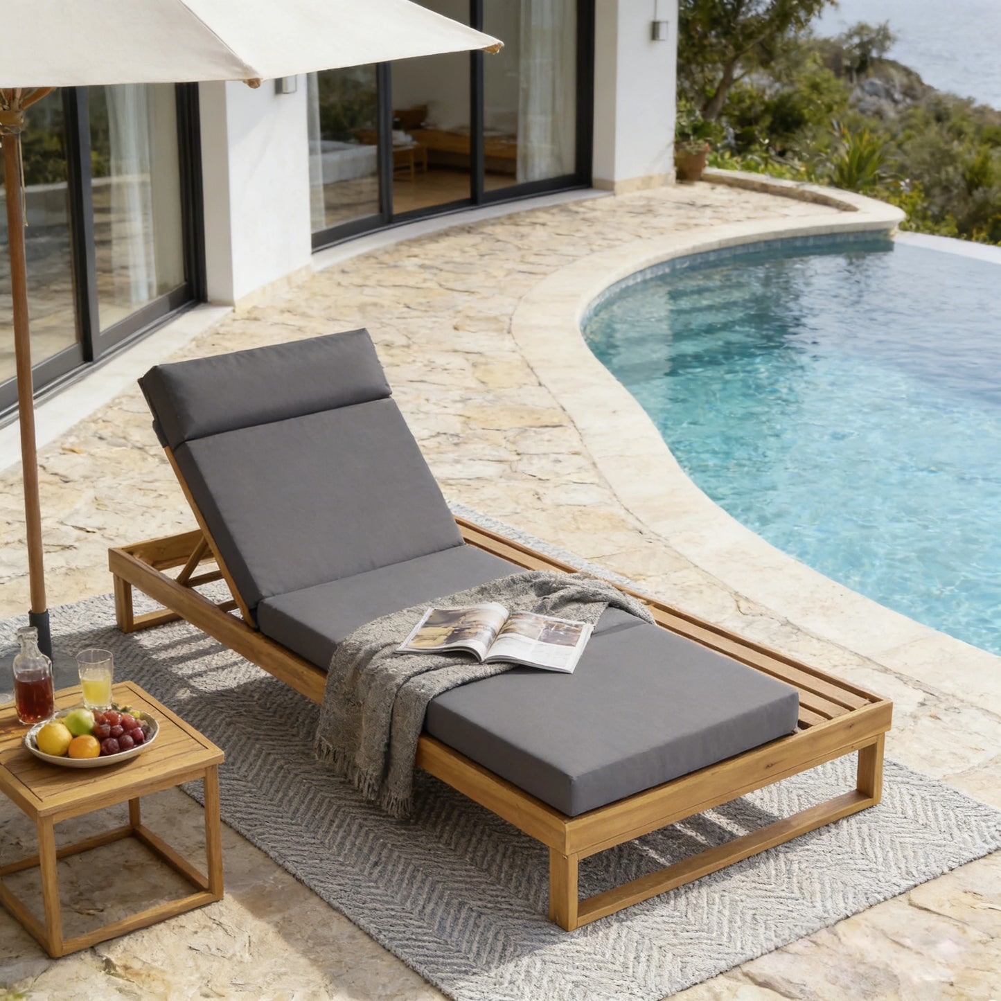 Teak Finish Acacia Wood Chaise Lounge With 4-Inch Dark Gray 4-Fold Cushion Set, Adjustable Outdoor Patio Lounger With Flat Side Surface, For Poolside- Matching Cream,beige Version Available