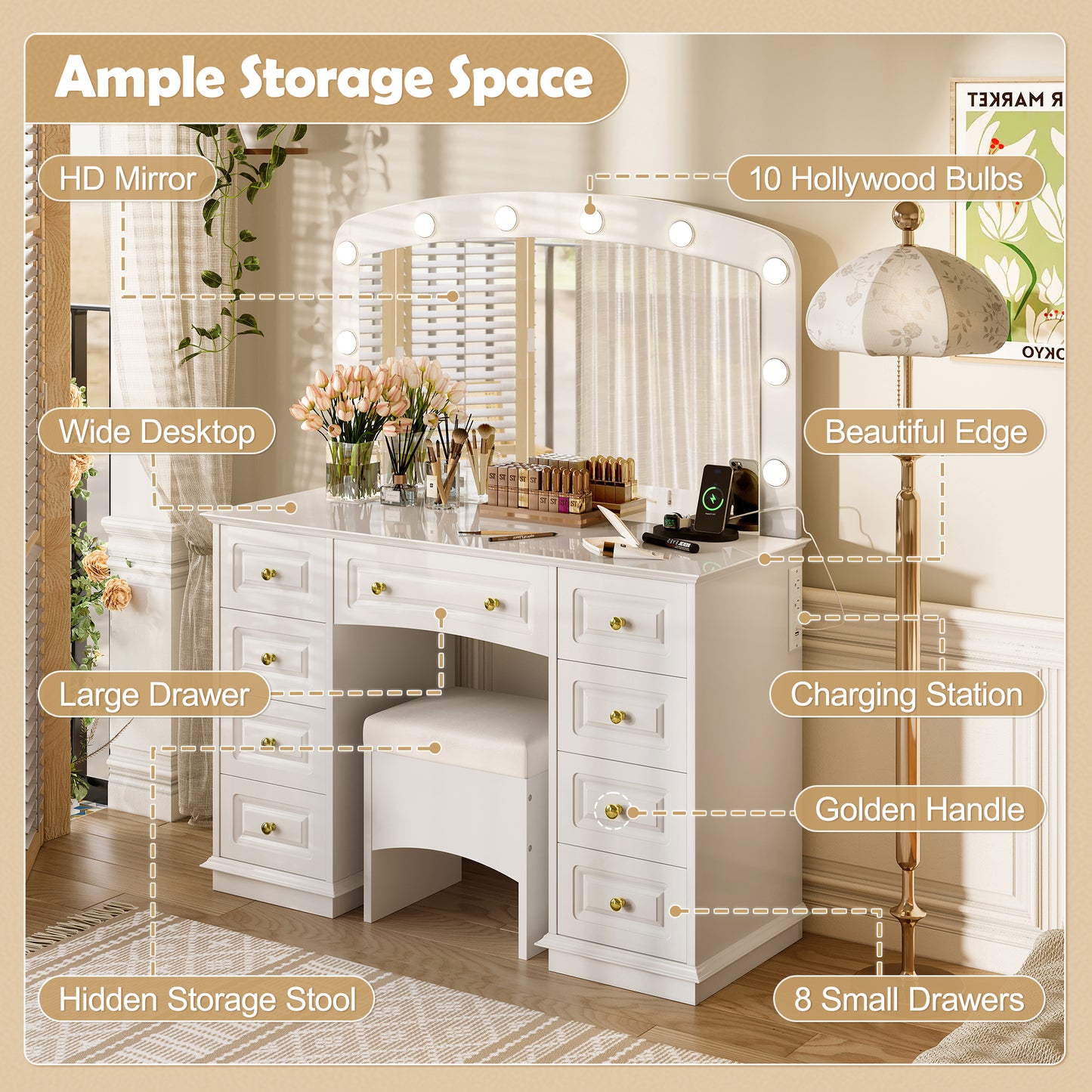 Old Luxurious Makeup Vanity With 10 Hollywood Bulbs, 3 Color Lighting Modes, Classic Dressing Table With Cushioned Stool And 9 Storage Drawers For Bedroom, White