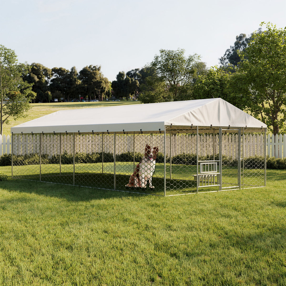 20x10 FT Large Outdoor Dog Kennel with Canopy, Heavy Duty Galvanized Steel Frame, Waterproof Cover, Built-in Elevated Feeding Bowls, Escape-Proof Lockable Pet Playpen for Large Dogs & Multiple Animal