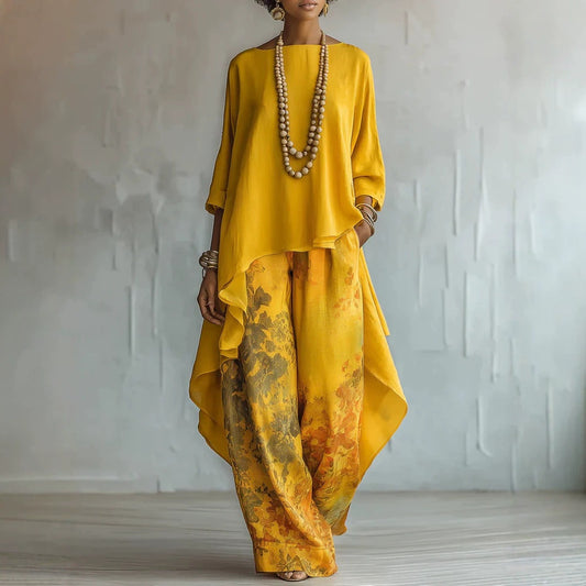 Cotton-Linen Fashion Solid-Color Top And Wide-Leg Pants Two-Piece Set