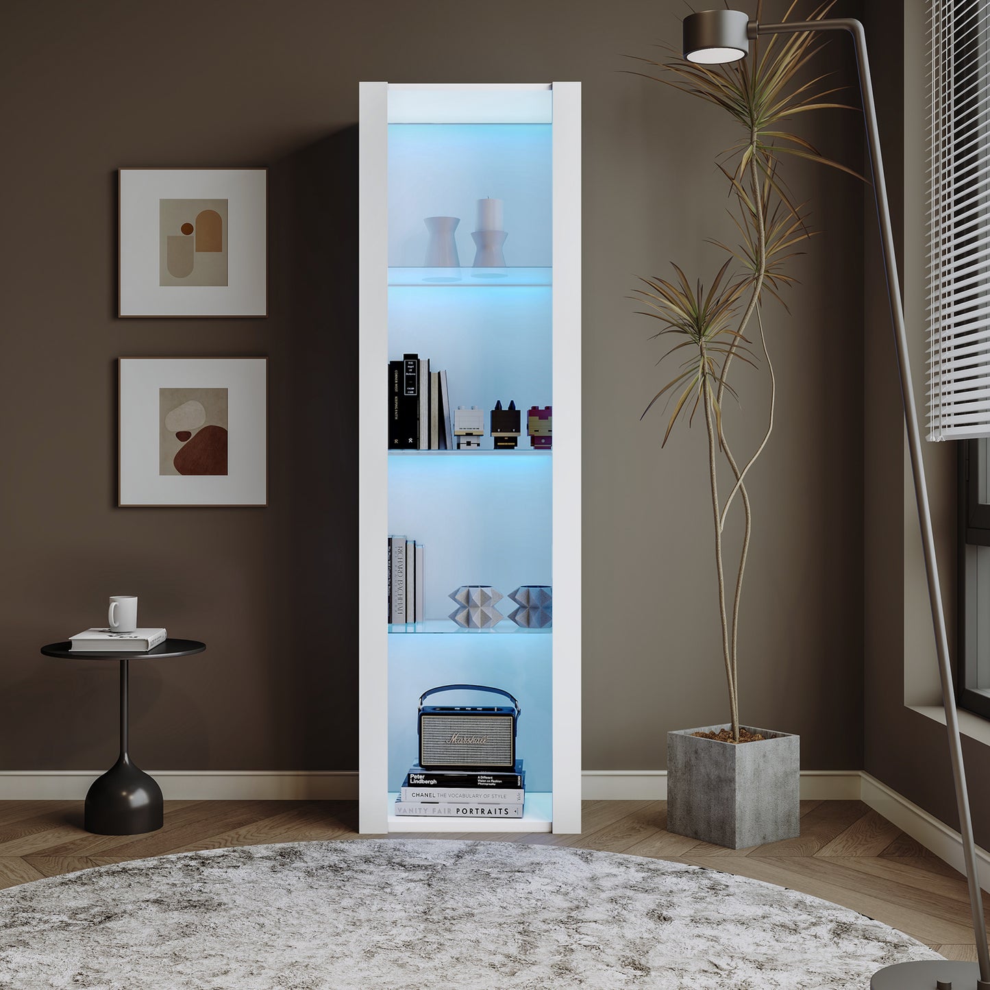 White High Gloss Display Case With LED Lighting, 3 Glass Shelves, 55x38x166 Cm, Display Cabinets, Standing Display Cabinets, Tall Cabinets, Storage Cabinets
