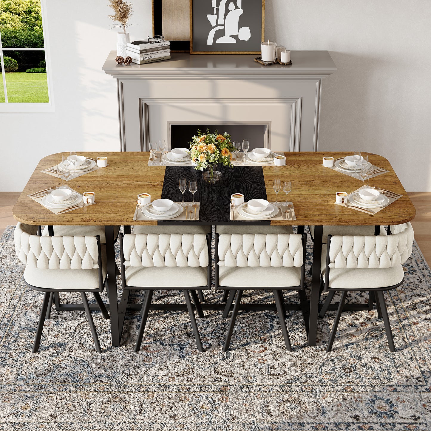 9-Piece Square Dining Table Set, Fixed Two-Tone Wood Grain & Black Wood Grain Triamine Tabletop With 8 Beige Velvet Chairs, Modern Kitchen Table Set For 8 People, Ideal For Family Gatherings