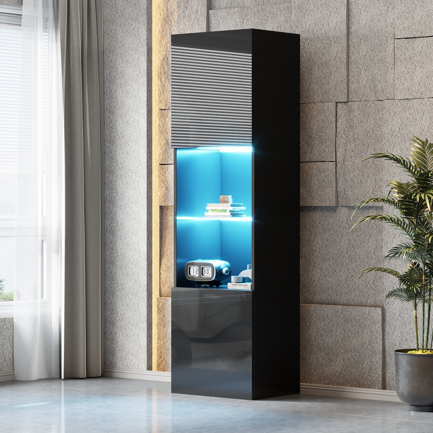 High-gloss Black Display Cabinet With LED Lighting, 1 Glass Shelf,Display Cabinet, Freestanding Display Cabinet, Tall Cabinet, Storage Cabinet