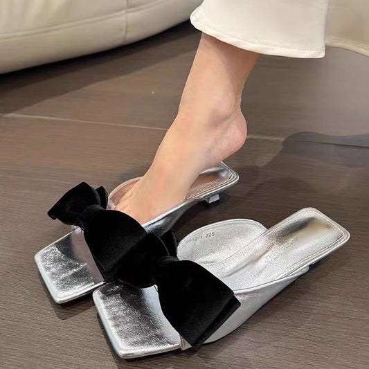 Women's French Bow Sweet Square Toe Slide Sandals, Summer Outdoor Wear Anti-Slip Thin Low Heel Mules, Match With Dresses