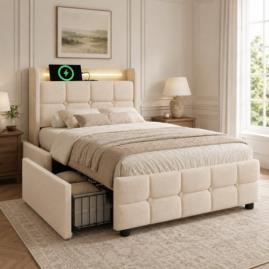 Upholstered Bed With Charging, USB Charging Function, Headboard And LED Lighting And 2 Drawers, Single Bed 90x200cm, Storage Beds, Bed Frame, Wooden Slatted Base, Beige  Without Mattress