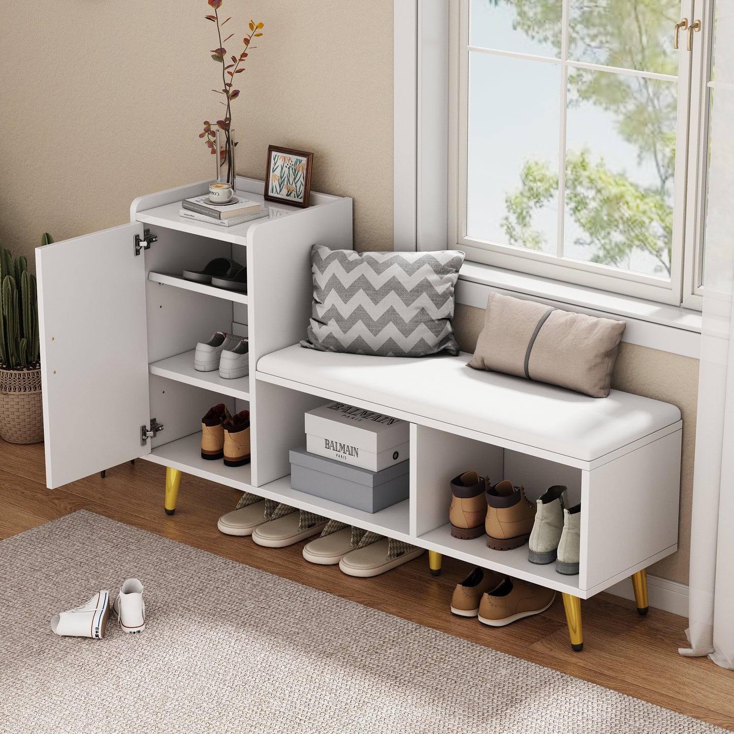 White High-gloss Cabinet Door With Storage Entrance Shoe Cabinet, Multi-level Shelf With Upholstered Seat, Shoe Changing Bench With Cabinet Gold Accessories For Entrance, Hallway, Living Room, Bedroom