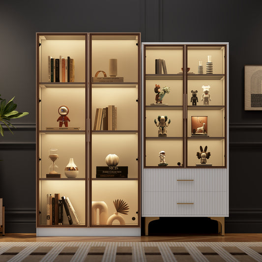 Modern Living Room Set Two White Glass Display Cabinets With LED Lighting And Adjustable Shelves, Color Scheme In Platinum - Living Room Highboards, Sideboards, Standing Display Cabinets, Display Cab