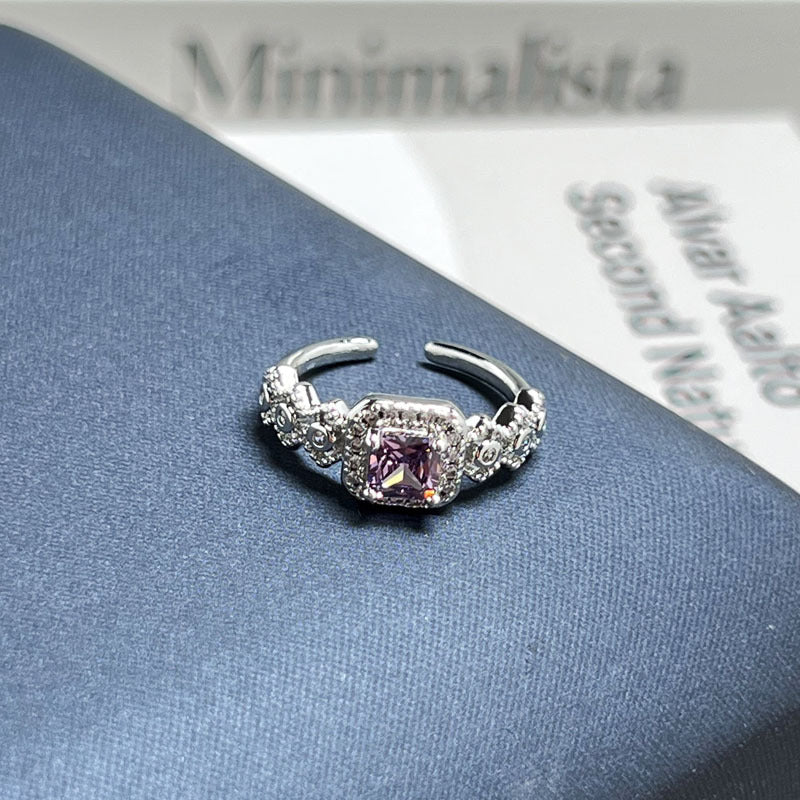 High Grade Light Luxury Nine Purple Fire Purple Stone Open Band Ring, Sweet Cool Stylish Niche Designer Women Ring, Ideal Jewelry Gift For Dating Daily Casual Occasions