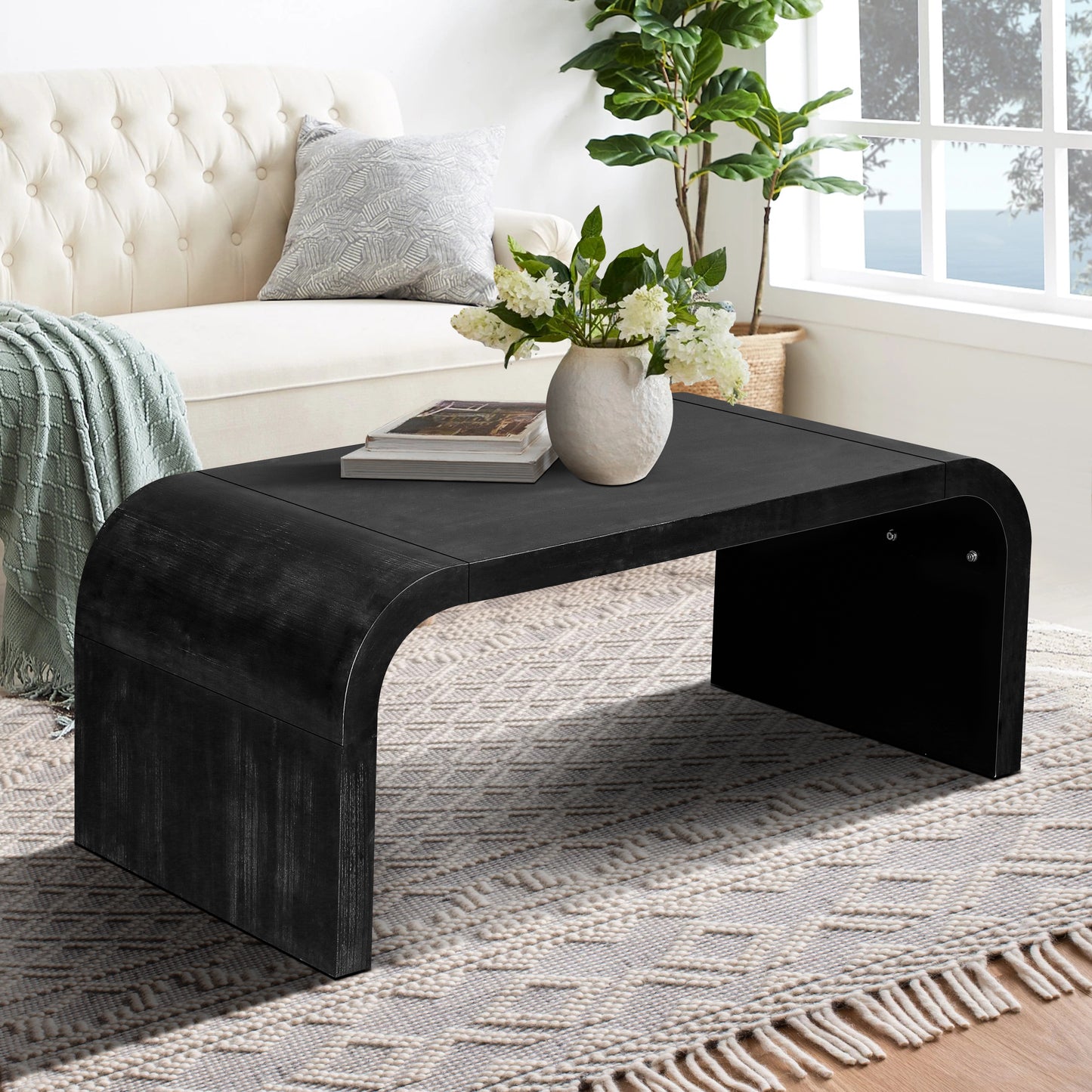 Farmhouse  Vintage Crafts Coffee Table,Curved Art Deco Design, Easy Assembly, 48  W X 24  D X 18   Antique Black  Same To Old SKU  W1445P214061