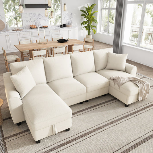 Modern Luxury Chenille U-Shaped Sectional Sofa With 2 Storage Chaise Lounges, 2 Square Cushions, Comfy Couch For Living Room, Beige, 280 X 137 X 84 Cm