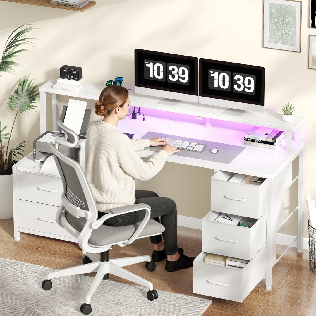67-inch Computer Desk, Equipped With 5 Drawers And A Monitor Stand. The Gaming Table Comes With LED Lights And Power Sockets. The Printer Cabinet.
