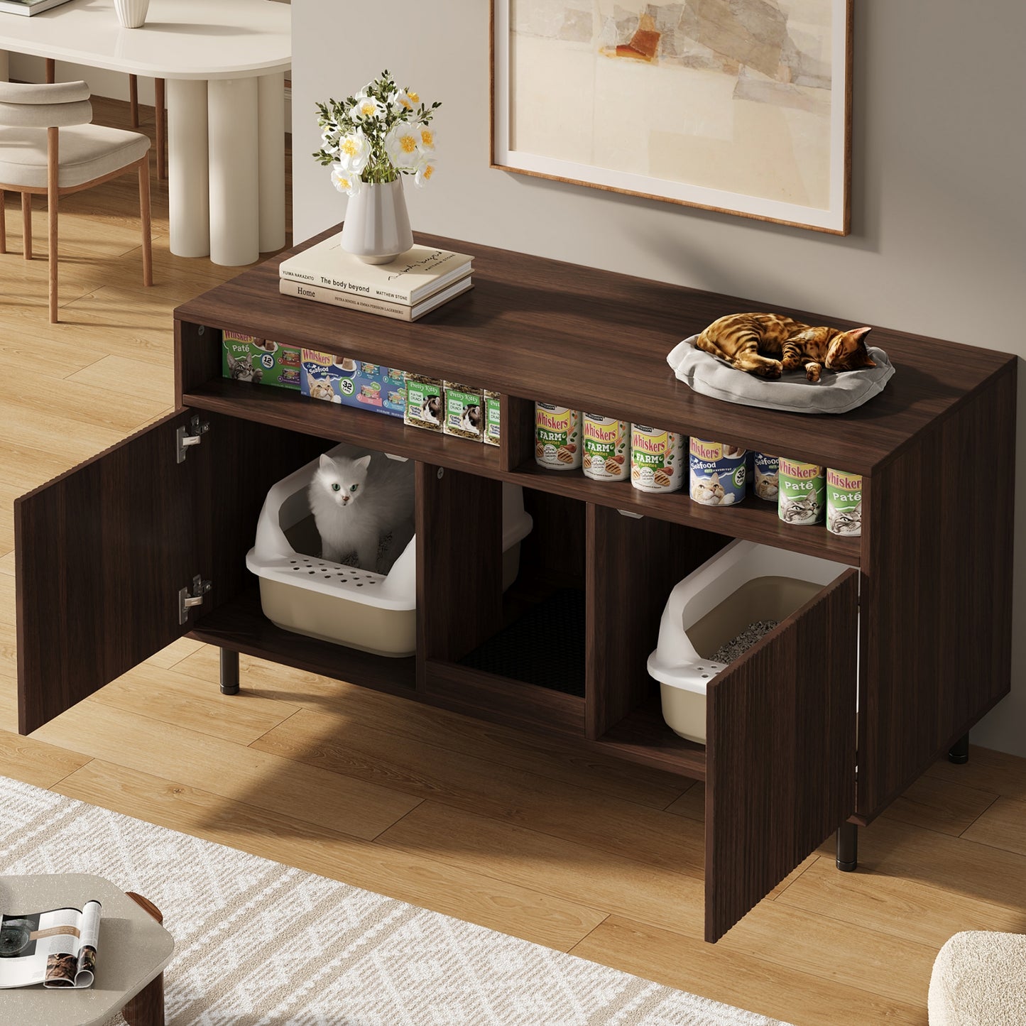 Cat Litter Box Cabinet Cat Litter Tray Cabinet With Sand Collecting Mat, Pet Cabinet With Shelf, Pet Sideboard TV Cabinet, Without Cat Litter Tray, 120x50x66cm, Walnut Colour