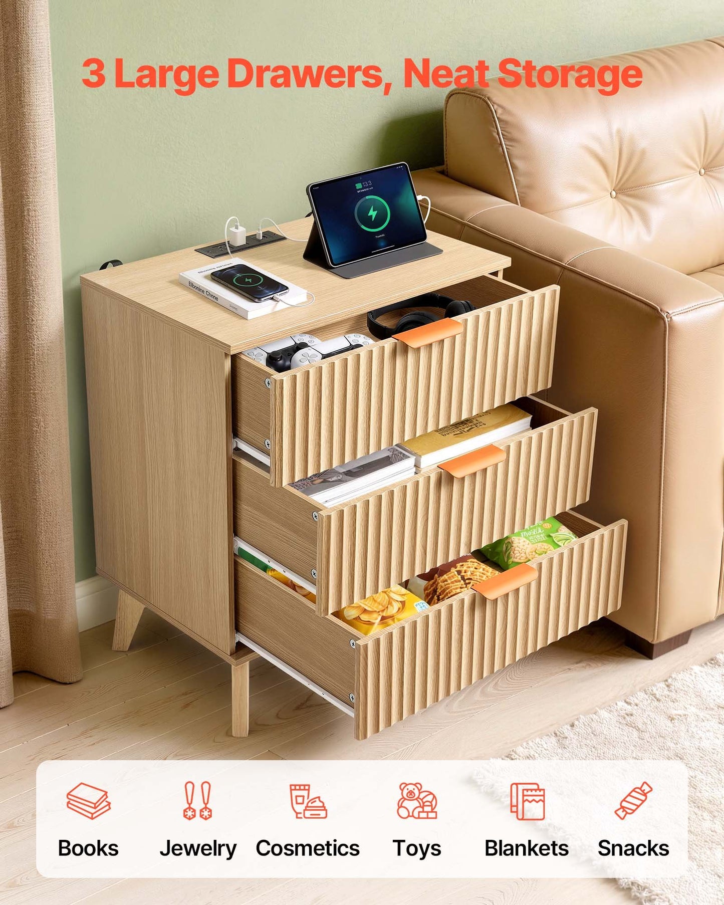 Fluted Nightstand With Charging Station, With 3 Drawers, Dresser For Bedroom, Mid Century Modern End Table, Bedside Storage Cabinet Side Table Chest Of Dresser, For Bedroom, Living Room, Khaki