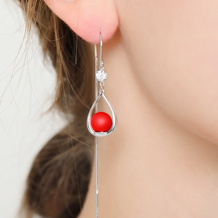 1 Pair 999 Sterling Silver Zircon Teardrop Red Bead Long Threader Earrings, Elegant & Versatile, Perfect For Daily, Dating & Festivals, Ideal Valentine's Gift