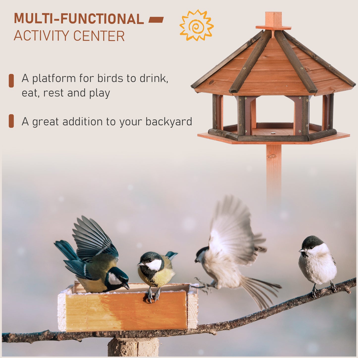 PawHut 130cm Wooden Bird Table, Feeding Station With Roof For Outdoor, Brown