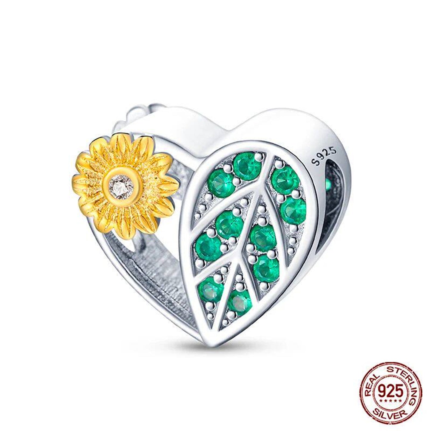 New 925 Sterling Silver Fashion Golden Sunflowers Heart