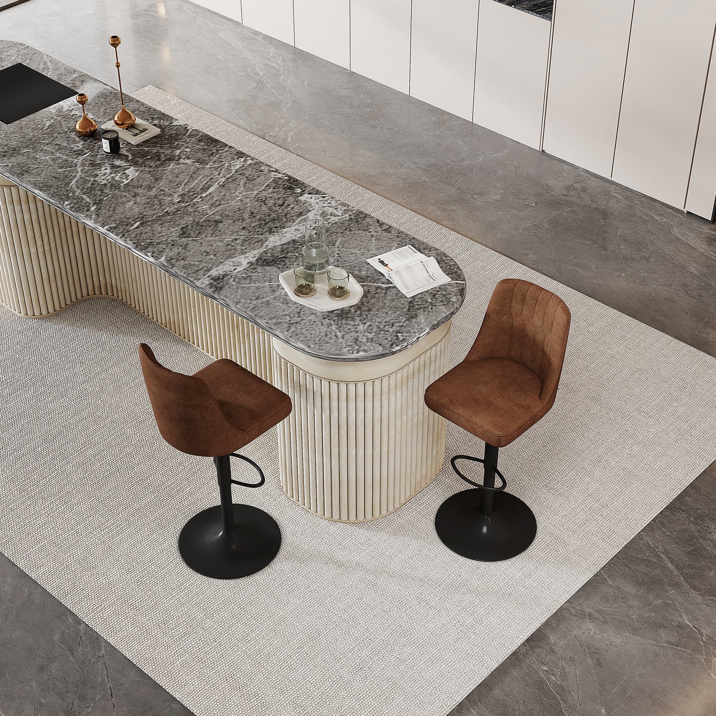 Adjustable Bar Stool In 2-piece Set, 360 Rotating, Seat And Backrest Made Of Brown, Breathable Technical Fabric, Legs Made Of Black Metal. Suitable For Kitchen Islands And Bar Counters.