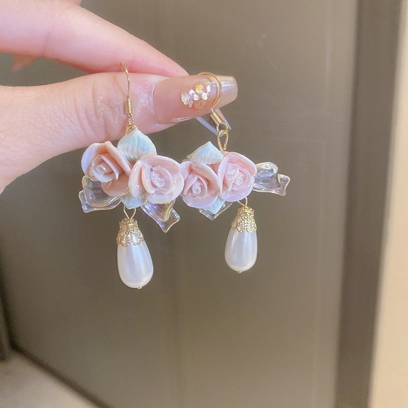 Ceramic Flower Water Drop Pearl Ear Hook Sweet Beauty