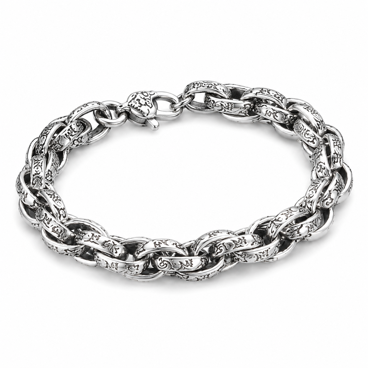 Antique Scroll Engraved Thick Curb Chain Bracelet For Men, Copper Plated Silver Oxidized Vintage Biker Punk Heavy Link Wrist Jewelry Gift