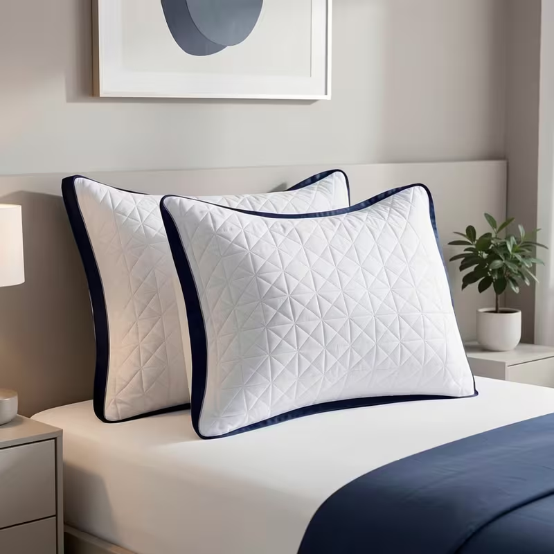 2-Pack Luxury Bed Pillows - Breathable Down Alternative Gusseted Supportive Pillows With White & Navy Blue Elegant Pattern, Soft Fiber Fill For Enhanced Sleep Quality, Machine Washable - Hotel & Home