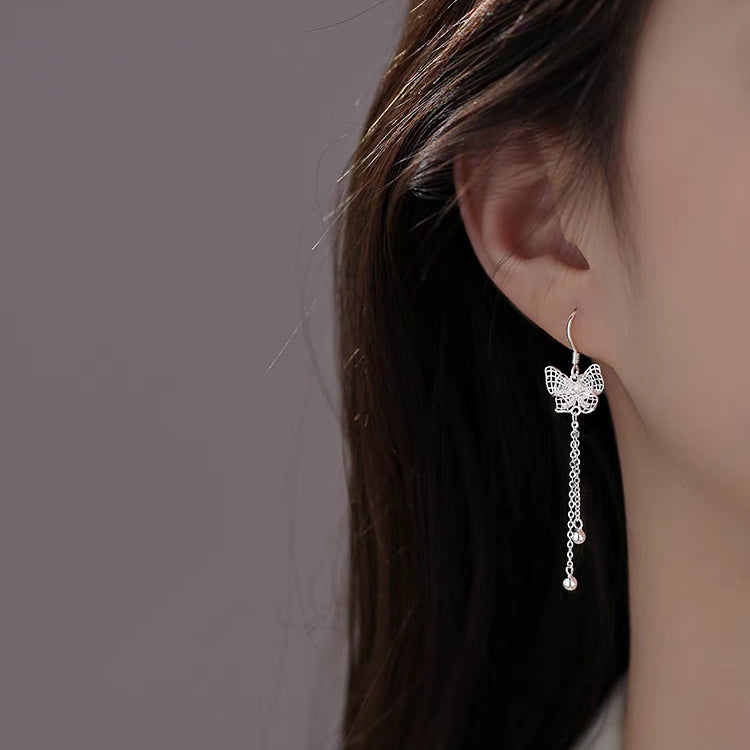 1 Pair 999 Sterling Silver Filigree Hollow Butterfly Long Tassel Drop Earrings, Elegant & Versatile, Perfect For Daily, Dating & Gifting, Ideal Valentine's Gift