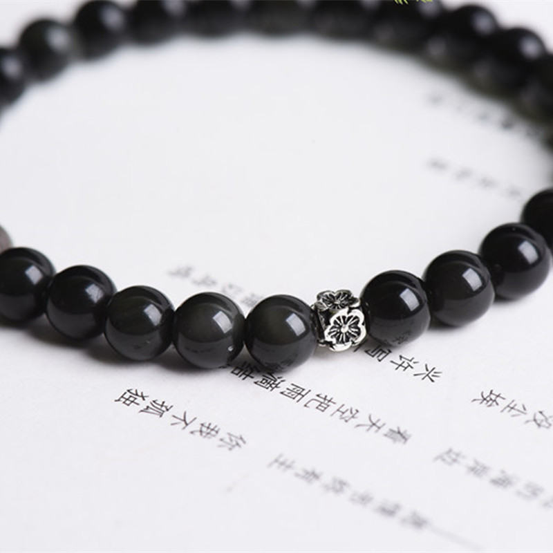 Natural Obsidian Bracelet With S925 Silver Small Flower Accessories