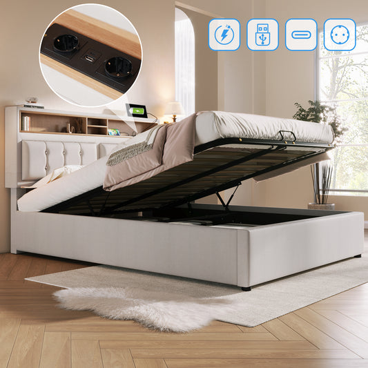 Upholstered Bed Double Bed With USB C Socket Charging Function Headboard, Storage Beds Bed Frame Made Of Linen Material Youth Bed 160x200 With Slatted Base Without Mattress