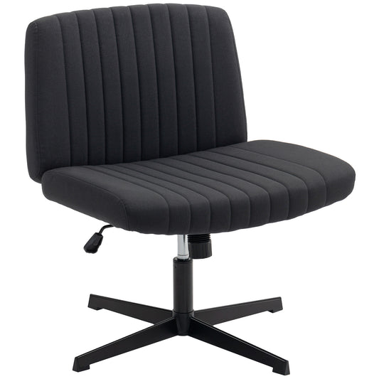 Armless Office Chair No Wheels, Linen Fabric Criss Cross Legged Desk Chair With Wide Seat, Thick Padding, Tilt Function, Height Adjustable Swivel Computer Seat For Home, Black