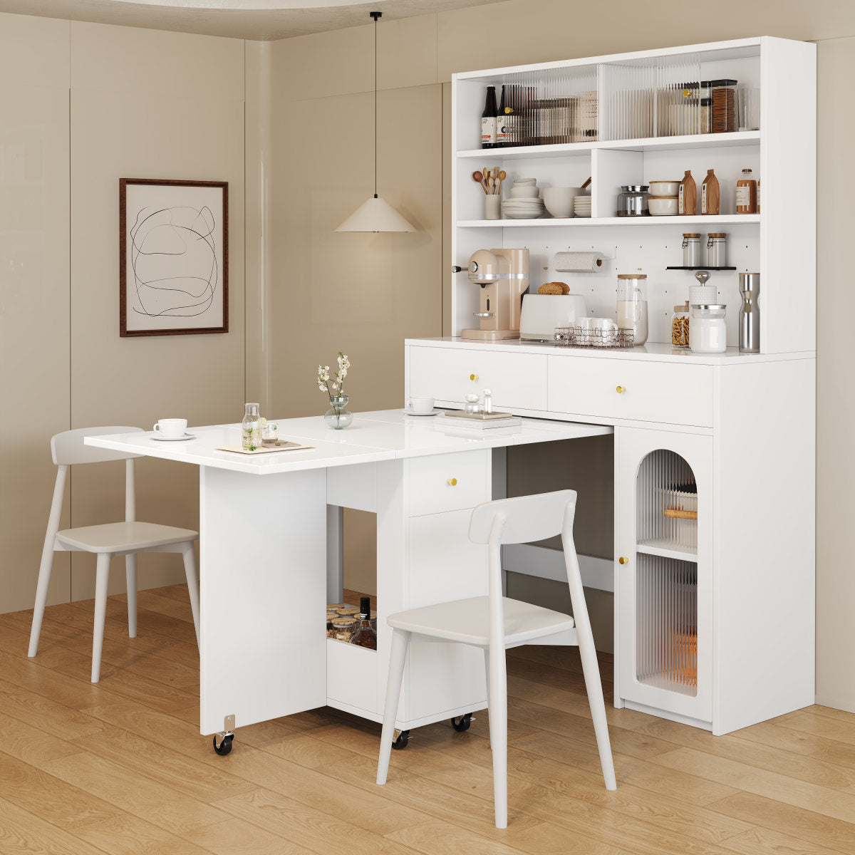 Kitchen Cabinet Set With Folding Dining Table And Bar Table, Mobile Dining Table On Wheels, Tall Cabinet With Storage Space, Furniture Set For Kitchen, Dining Room And Living Room, White