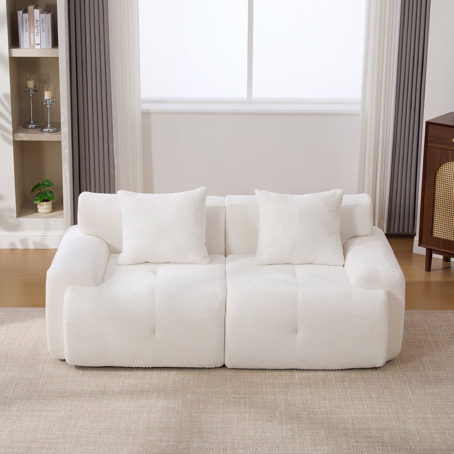73  Modern Modular Sectional Sofa Loveseat, 2 Seater Tufted Comfy Cloud Tufted Floor Convertible Couch With 2 Pillows, Boneless Conversion Sofa For Living Room,Office, Apartment,Guestroom, Ivory