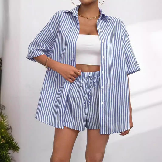 New Fashion Outfit, Spring & Summer Lapel Striped Shirt & Shorts 2-Piece Set For Women