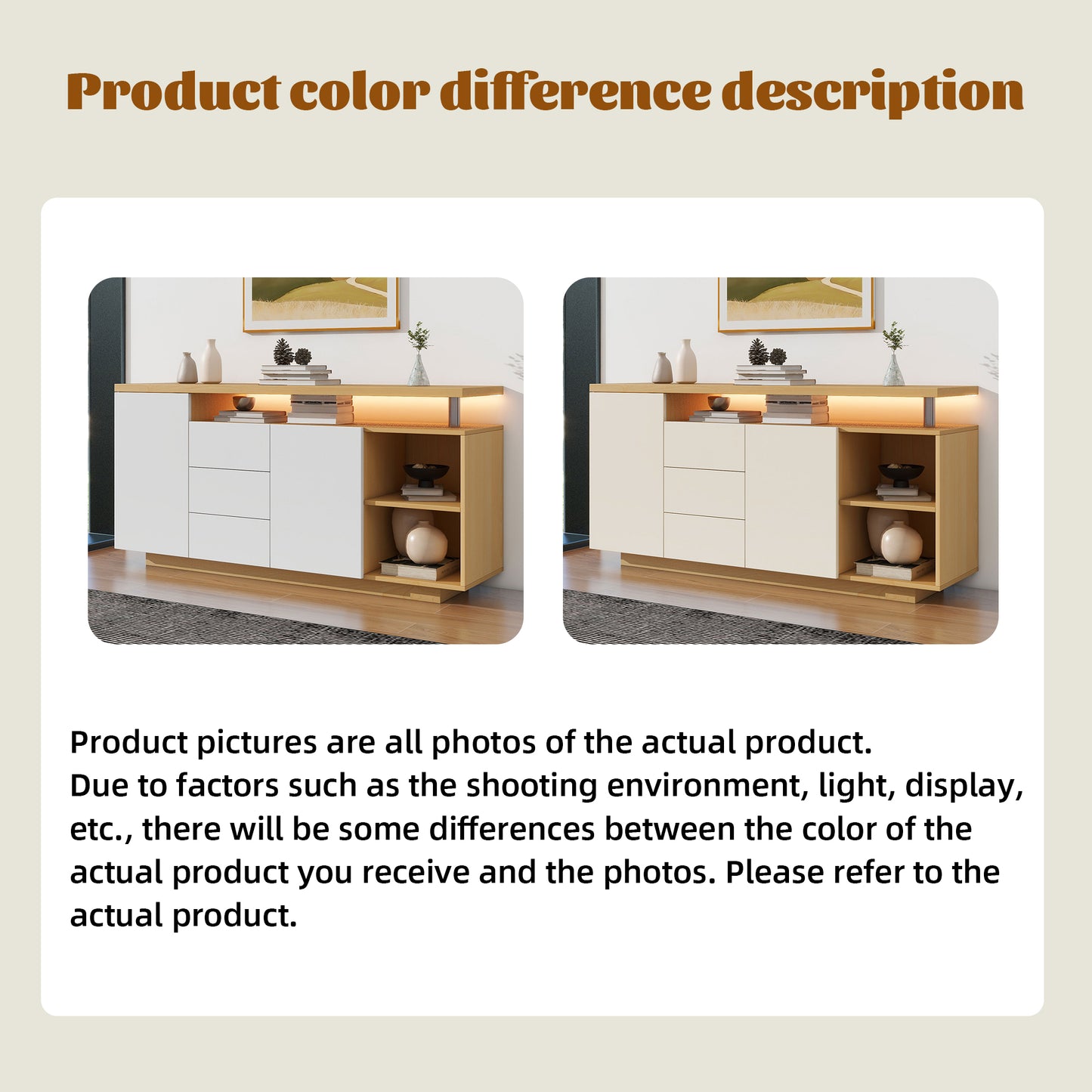 Multifunctional Sideboard, Length 140 Cm, White And Imitation Wood - 2 Doors, 3 Drawers, 2 Open Compartments, With LED Lighting