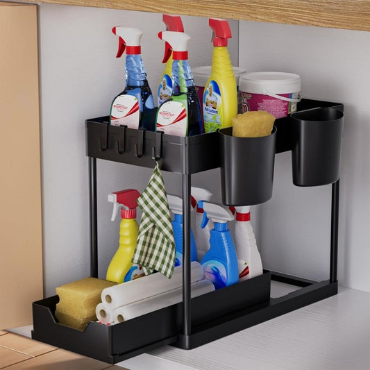 Kitchen Organizer: 2-Tier Under-Sink Shelf With Hooks And Cups, Spice Rack, Sink Cabinet Organizer, Kitchen Shelf, Cabinet Organizer For Bathroom And Kitchen, Black