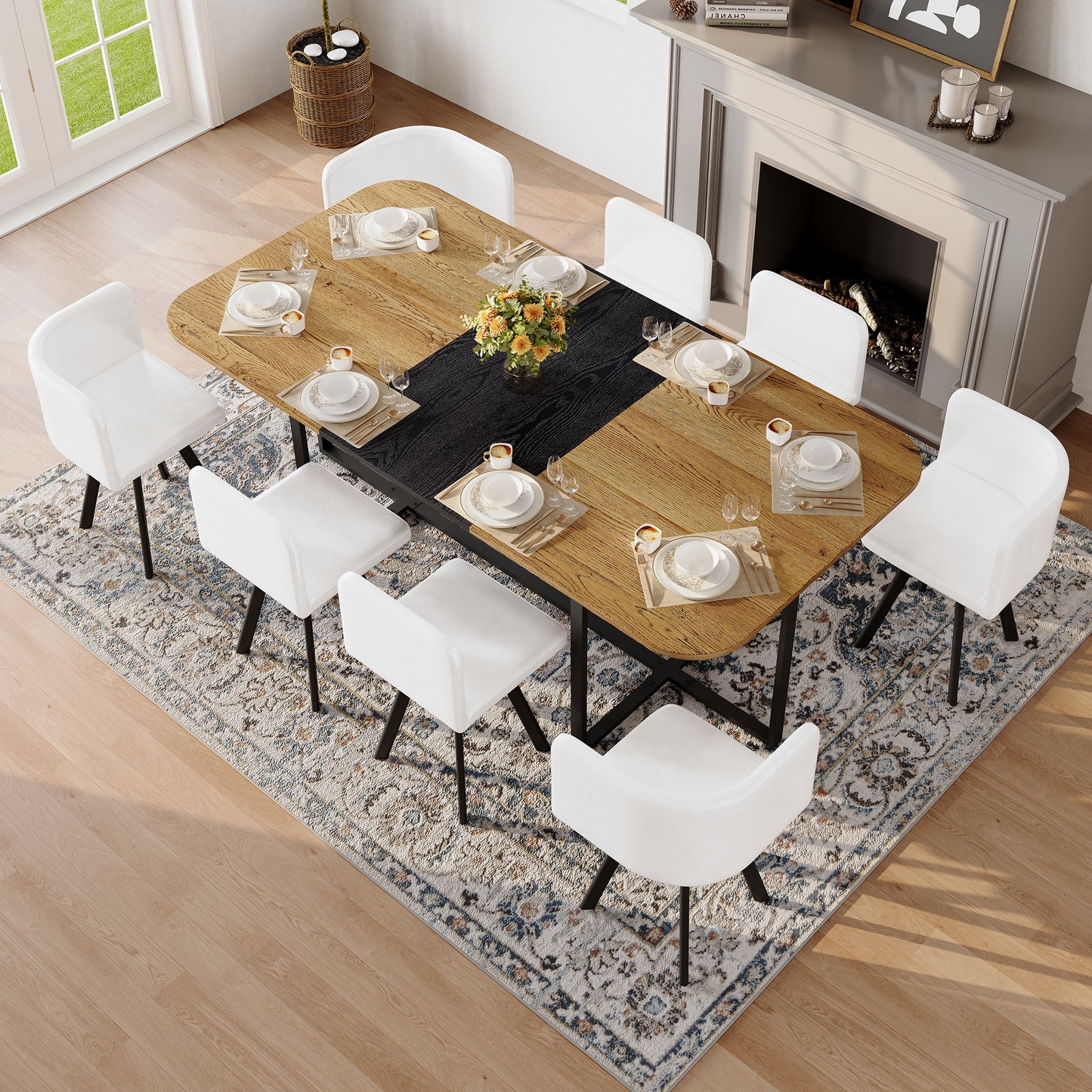 9-Piece Square Dining Table Set, Fixed Two-Tone Wood Grain & Black Wood Grain Triamine Tabletop With 8 White Faux Leather Chairs, Modern Kitchen Table Set For 8 People, Ideal For Family Gatherings