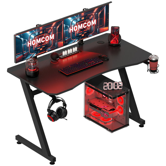 Gaming Desk 120 X 65 Cm Steel Frame With Cup Holder, Headphone Hook, Adjustable Feet And Cable Organiser, Home Office Computer Table, Black