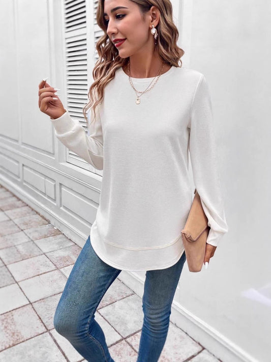 Women Basic Crew Neck Asymmetric Texture Casual Comfort Fashion T Shirt Top