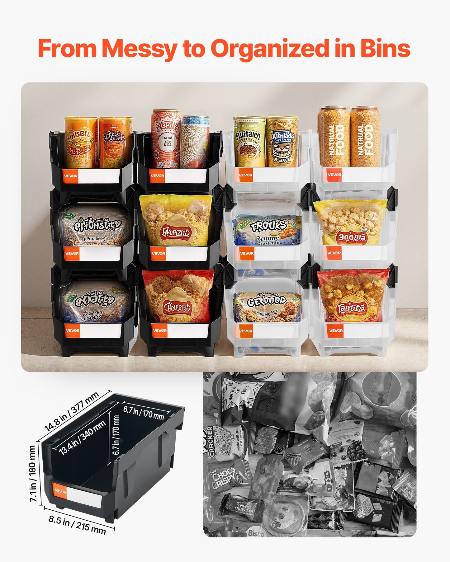 Plastic Stackable Storage Bins, 14.8 X 8.5 X 7.1 Inch (12 Pack), Plastic Containers For Organizing & Storage Bins For Garage, Small Parts, Office Supplies, Other Accessories, Black & Transparent