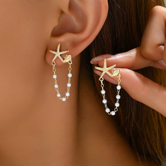 Sweet Dainty Korean Style Earrings For Women, Niche Star Shell String Pearl Design Stud Earrings, Elegant Versatile Premium Ear Jewelry