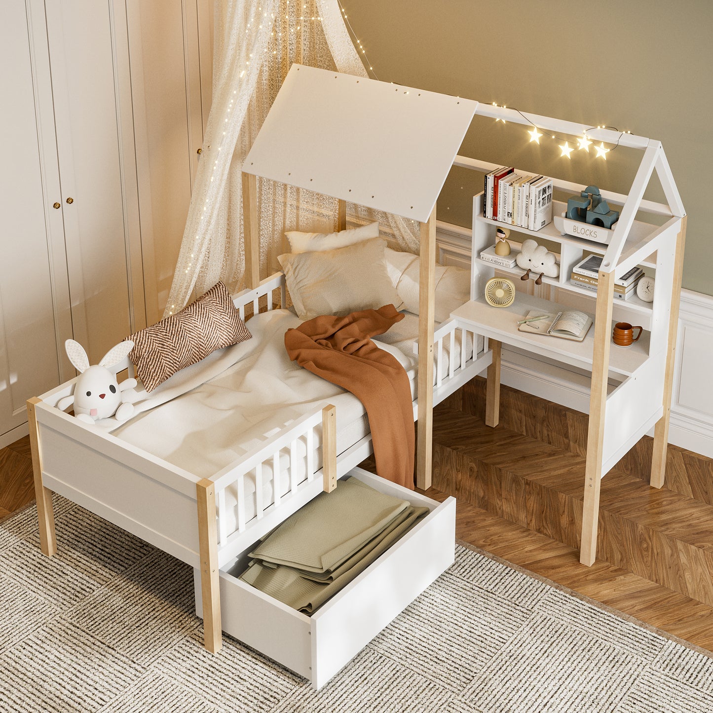 Old SKU W2845S00049  90 X 200 Cm Children's Bed With Fall-out Protection And Slatted Frame, L-shaped Desk And Bookcase, Drawers With Wheels, Multifunctional House Bed Made Of Solid Wood, White