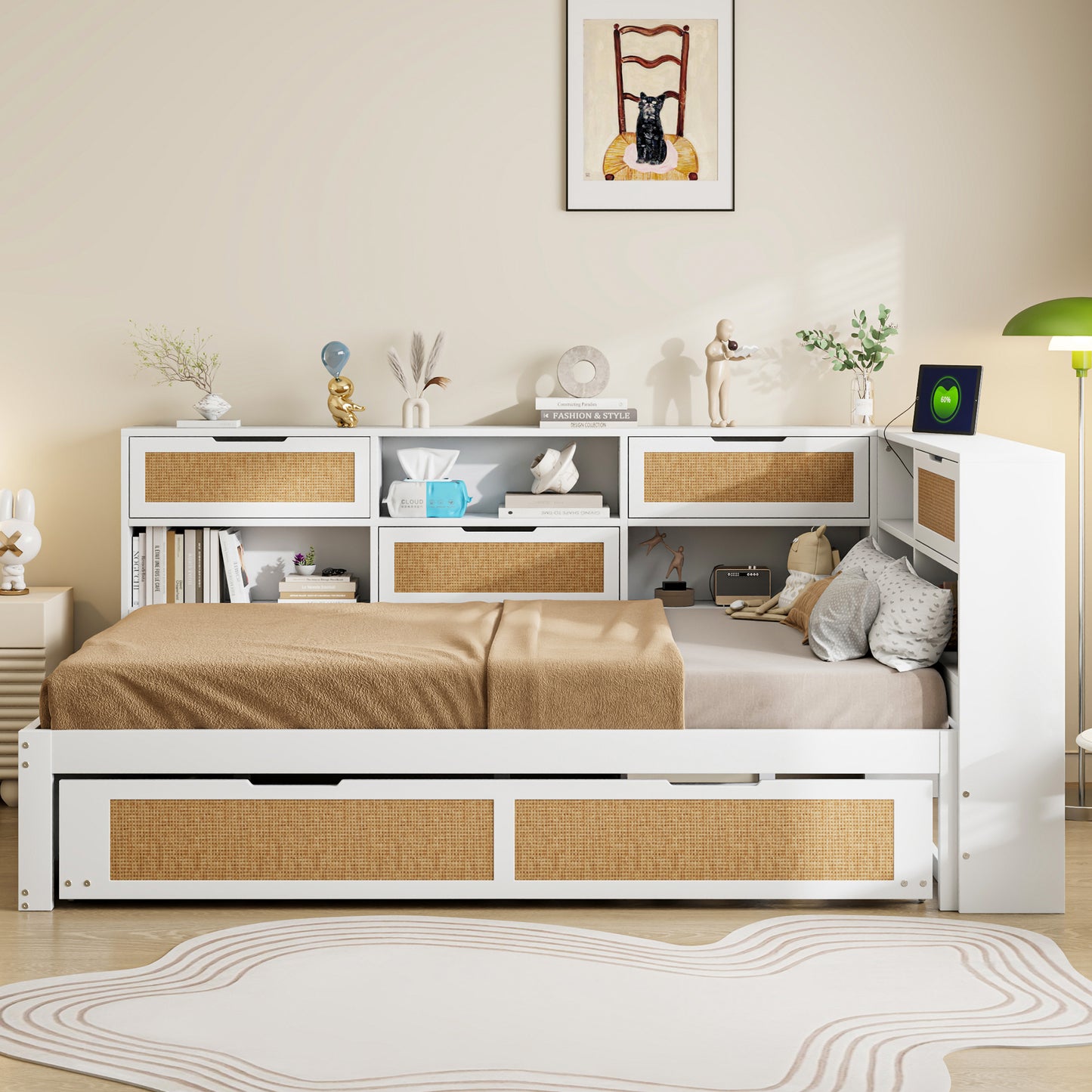 Wooden Sofa Bed 140x200 With Trundle Bed Multifunctional Single Bed Cot With Many Storage Compartments And Charging Port White