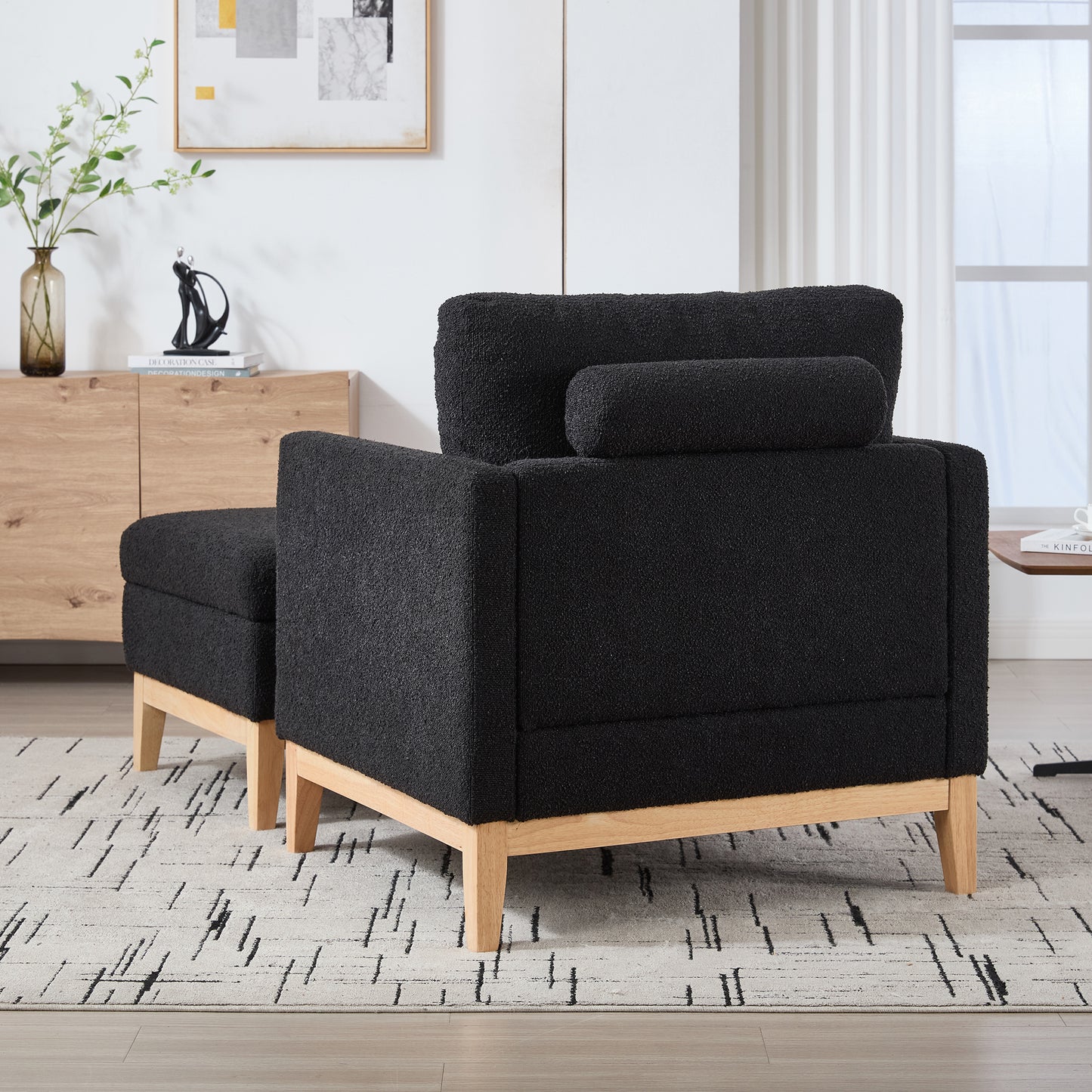 35.4  Wide Farmhouse Performance Upholstered Wood Base Square Accent Arm Chair With Ottoman Natural Wood Legs With Reversible Lid Coffee Table For Living Room Office And Lounge,Black Boucle