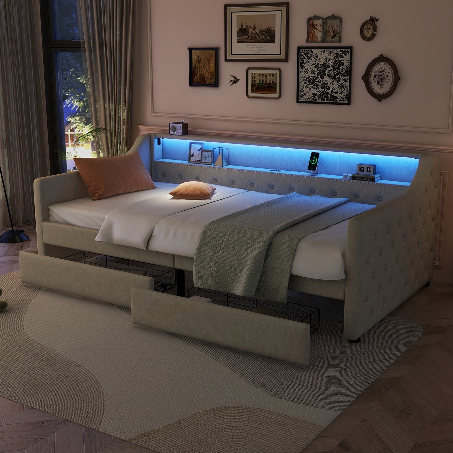 Daybed, 90 X 200cm, Sofa Bed, Daybed With Slatted Base  Without Mattress , Ambient Light With Remote Control, Bed With Two Drawers, USB Charging Socket, Linen, Beige