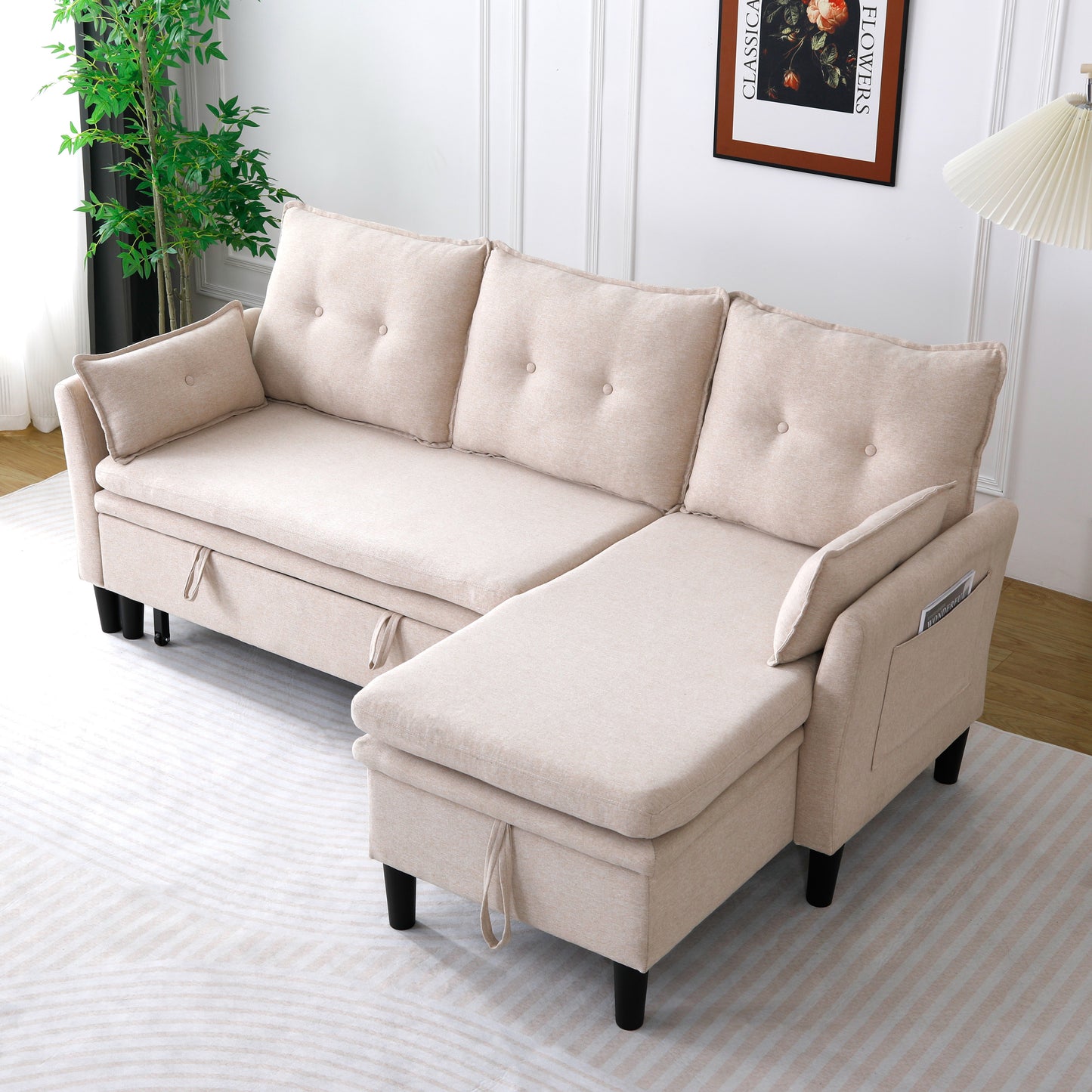 L-Shaped Reversible Chaise Sectional Sofa With Storage - Cotton-Linen, Beige, Office & Apartment Ready