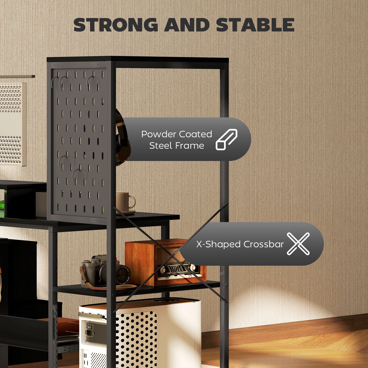 56" Computer Desk with Storage, Computer Table with Power Outlets and LED Lights, Black